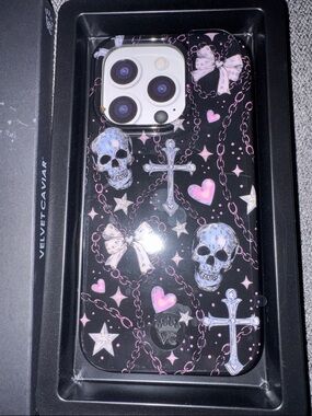 Velvet Caviar Black Phone Case with Pink Accents Gothic Skulls, Crosses & Bows